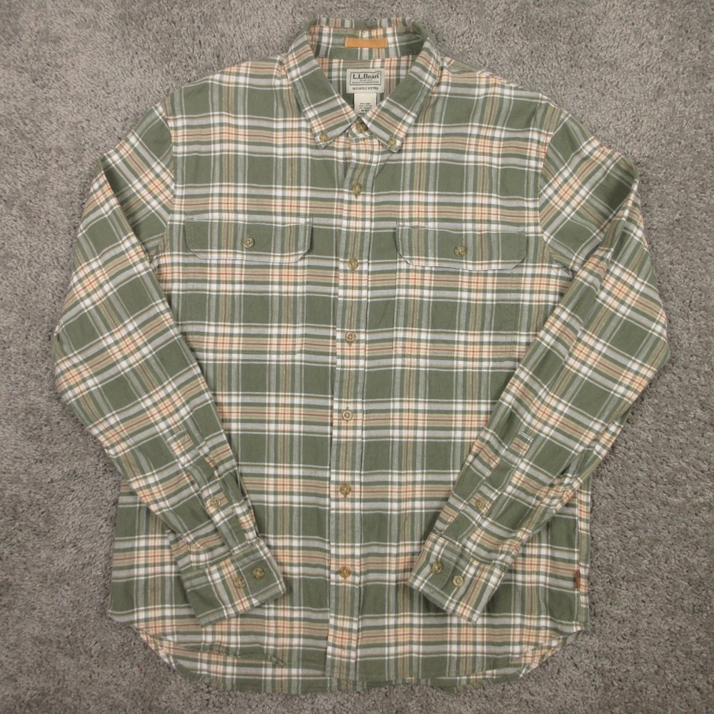 LL Bean Shirt Mens Medium‎ Green Plaid Stonecoast Hemp Slightly Fitted Button Up